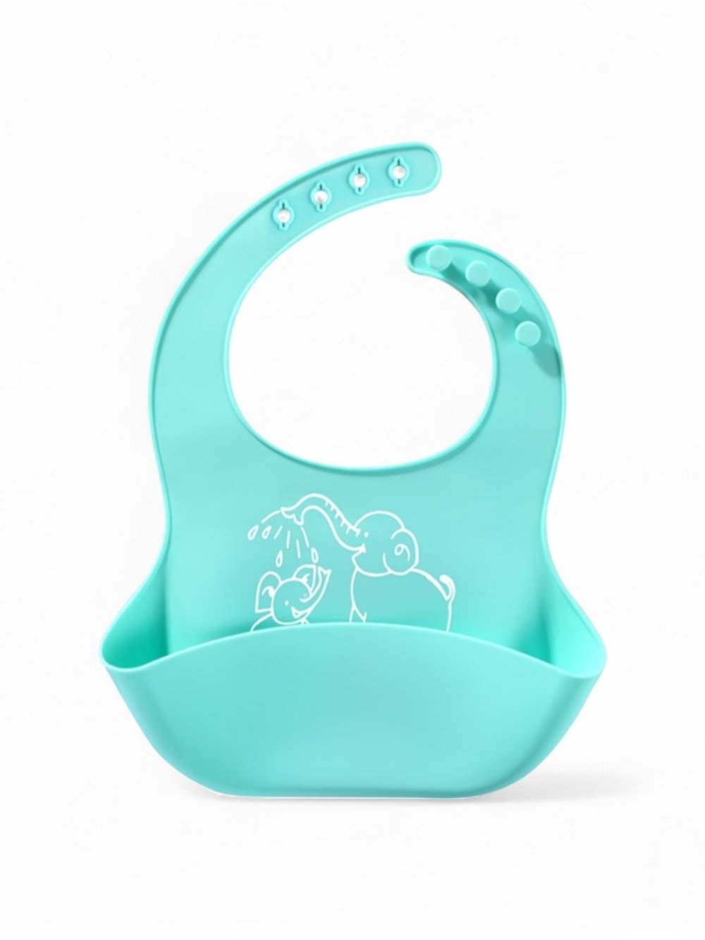 Soft Silicone Baby Bib with Catch-All Pocket - Aqua Elephant Print
